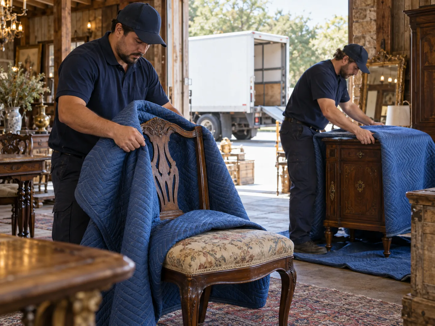 Illustrative scene of movers padding antique furniture with moving blankets