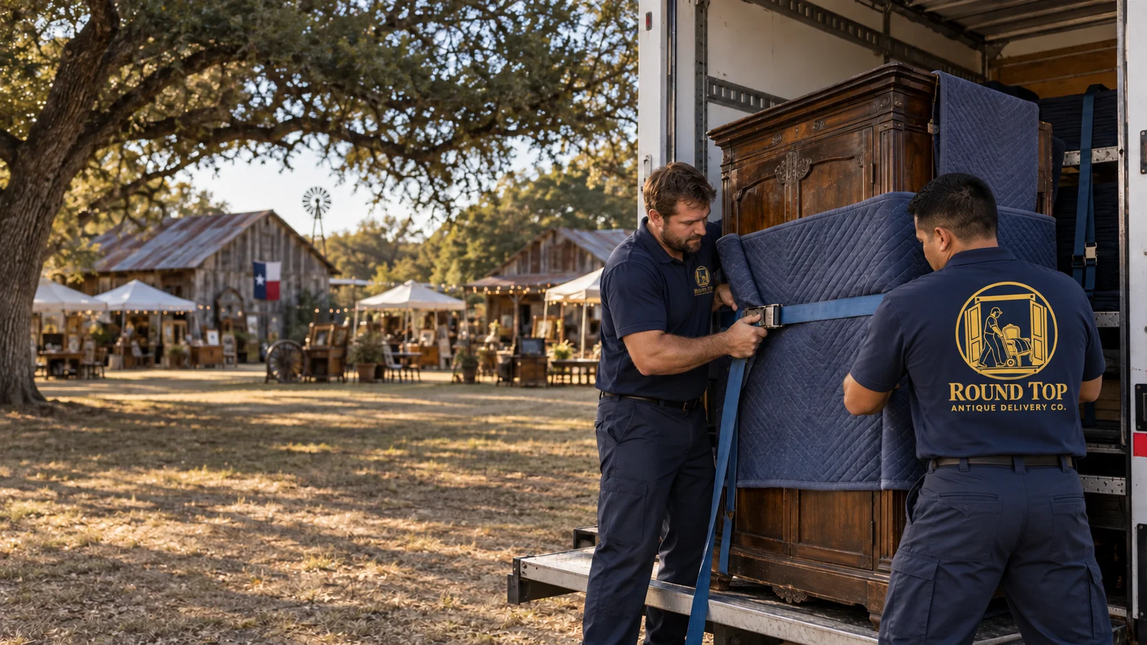Round Top Antique Delivery truck serving furniture and antique customers in Central Texas