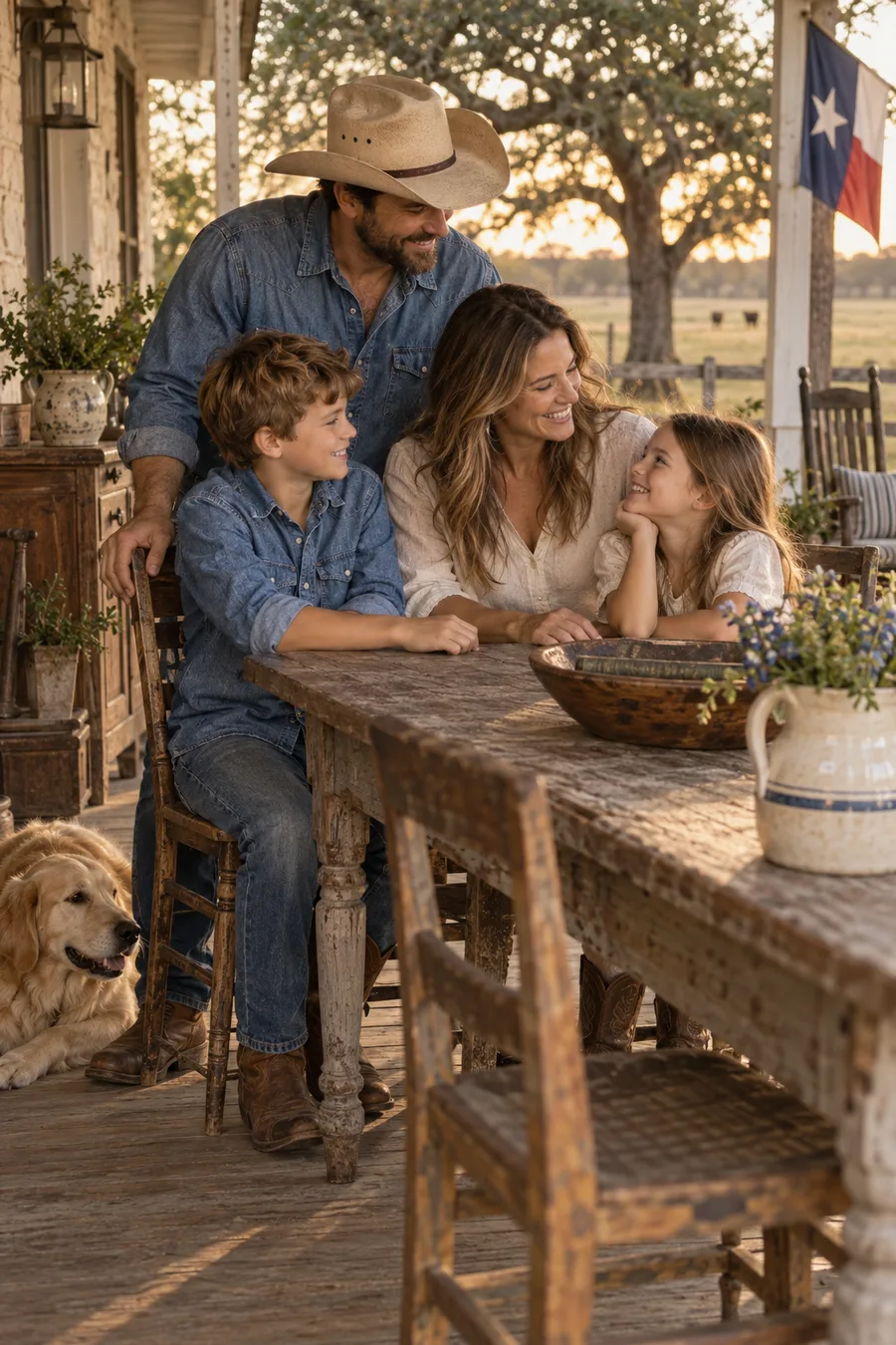 Illustrative Texas family gathering around an antique table on a farmhouse porch